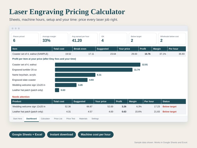 Laser Engraving Pricing Calculator spreadsheet preview