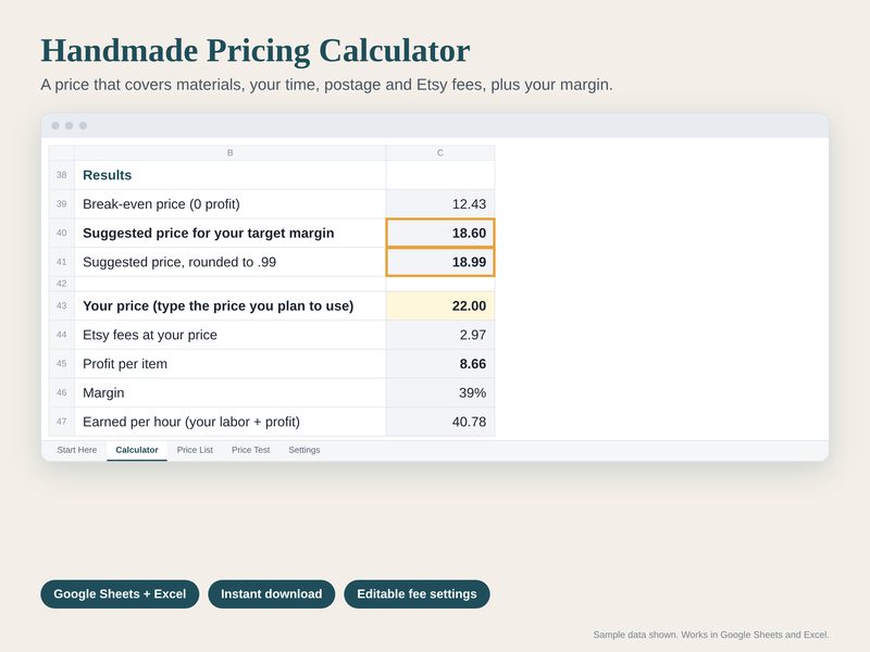 Handmade Pricing Calculator spreadsheet preview