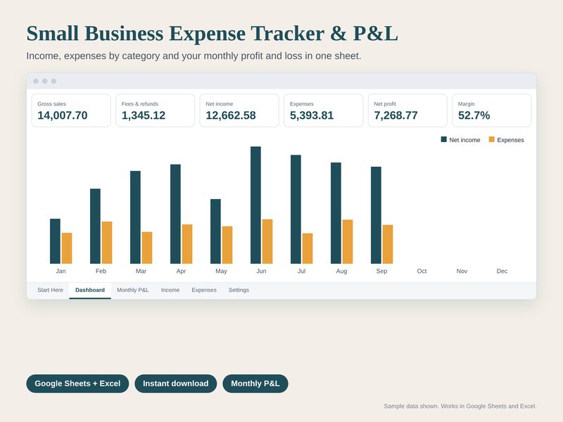 Small Business Expense Tracker & P&L spreadsheet preview